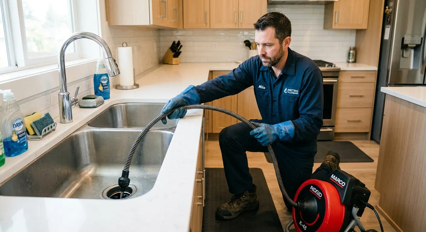 Drain cleaning technician using a motorized snake on a kitchen sink in Seymour
