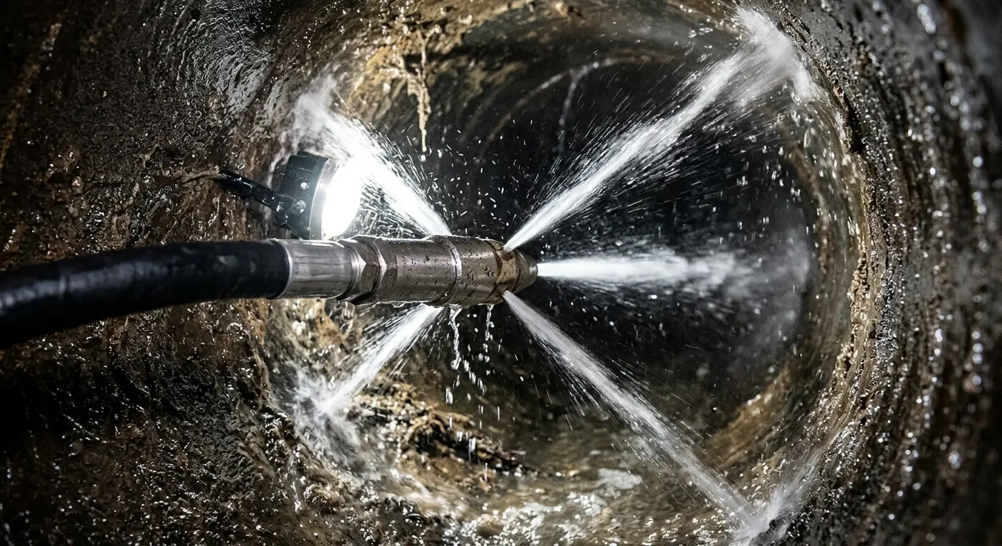 High-pressure hydro jetting nozzle cleaning sewer pipe for Trenchless Sewer Repair in Seymour