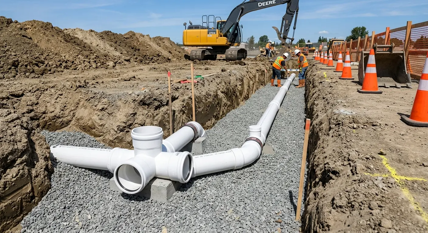 New PVC sewer pipe installation in open trench for Sewer Backup in Seymour