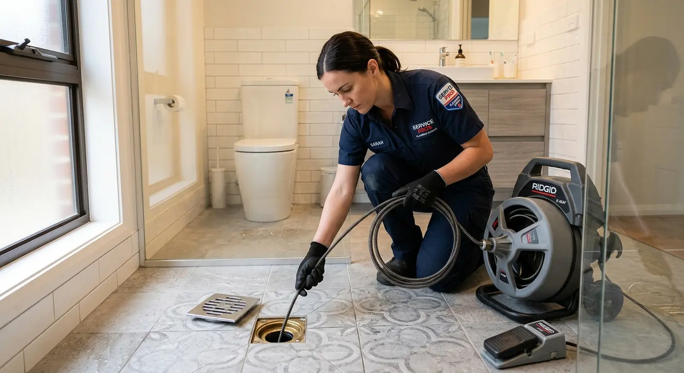 Technician clearing a bathroom floor drain for Hydro Jetting in Seymour